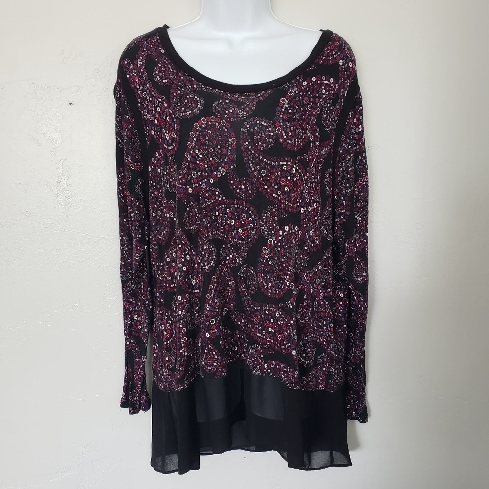 Michael Kors Women's 2X Long Sleeve Blouse Black Colorful Paisley Floral Top